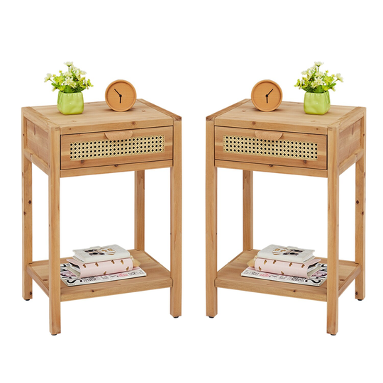 Kinbor 2-Piece Rattan Night Tables, Natural Wood Nightstands w/ Drawer, Storage Shelf, Sofa End Table for Living Room Bedroom