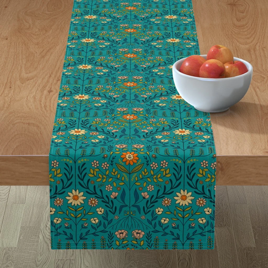 Vintage Damask Table Runner - Brittany Turquoise By Scarlet Soleil Folk Floral Flowers Cotton Sateen Spoonflower
