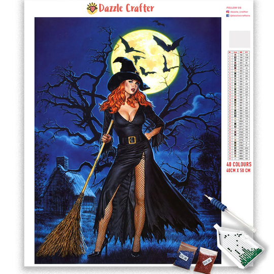 Halloween Witch Diamond Painting Kit Full Drill, Moonlit Night Diamond Painting, 5D Square Round Drill, Easy Beginner Diy Hobby Gift