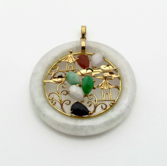 14K Yellow Gold Colorful Large Jade Pendant - 50mm Round Multi Color With Pagoda & Teardrop Accents Gifts For Her Mom # 5434