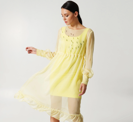 Pencil Dress With The See Through Overlay, Two Layer Dresses For Women, Yellow Bird Print Sheer Chiffon Cover Up Cocktail Tavrovska
