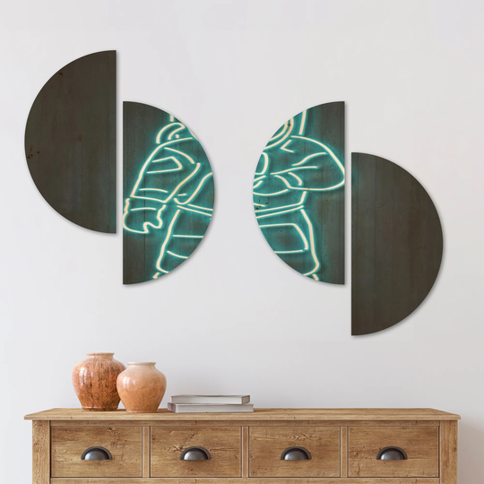 Designart 'Neon Astronaut' Modern & Contemporary Wood Wall Art Set of 4 Half Circles - Multi-Color
