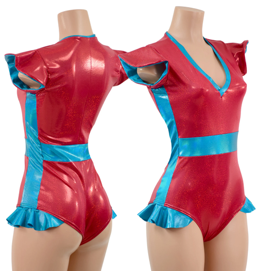 Red Sparkly Flip Sleeve "Siren" Cut Romper // V Neck, Sleeve Liner, Side Panels, Waist Panel, & Leg Ruffles in Peacock Holo - 157827