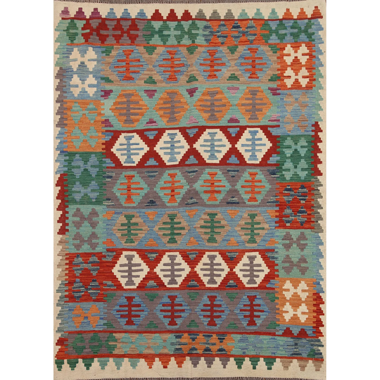 Reversible Kilim Area Rug Flat-weave Geometric Multi-Color Wool Carpet - 5'1" x 6'5"