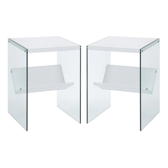 End Table in White Wood Finish and Clear Glass - Set of 2 - 54 x 84