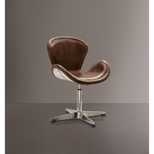 Retro Top Grain Leather Accent Chair with Swivel, Brown & Silver