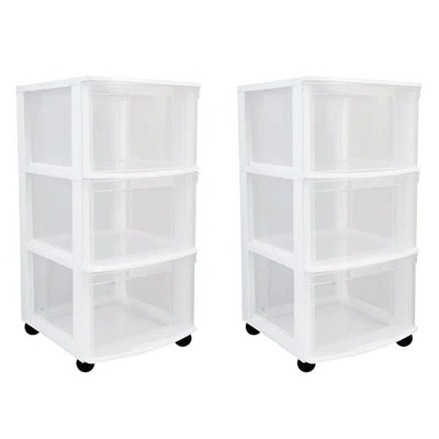 Gracious Living Clear 3 Drawer Storage Chest System With Casters, White (2 Pack)