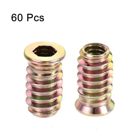 1/4"-20x20mm Threaded Insert Nuts Hex Socket Drive for Wood Furniture 60pcs - Color Zinc