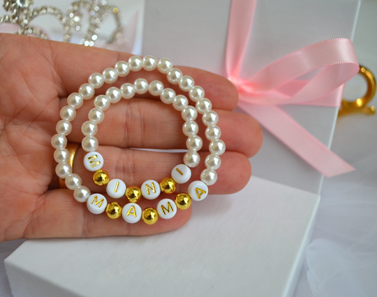Mommy Baby Personalized Bracelets, Girljewelry, Shower Gifts, Gift Girls, Mom & Baby, Gold Pearl Bracelet, Valentine