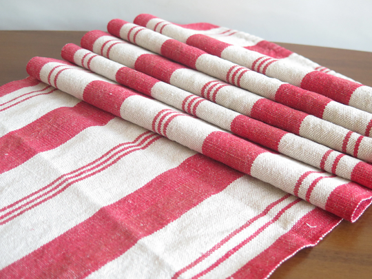 Table Runner Red Gray Linen Striped Cloth, Swedish Vintage Scandinavian Home Textiles #4-38-32