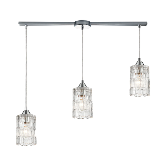 Ezra 3-Light Linear Mini Pendant Fixture in Polished Chrome with Textured Clear Crystal