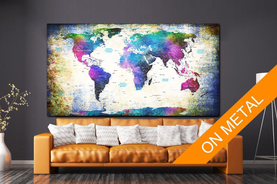 World Map Metal Sign Colorful Decor Wall Art Print Multipanel Room