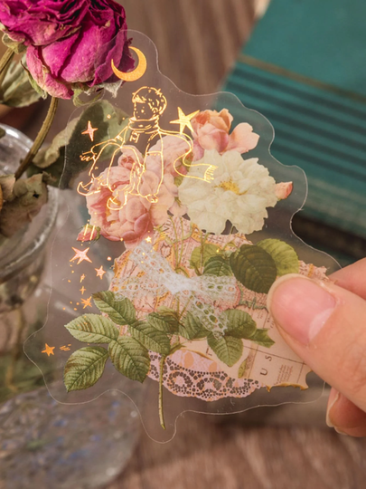 30 Metallic Clear Flower Pattern Stickers - Background Beautiful Pink Floral Design Gorgeous Metallic Accents #0076