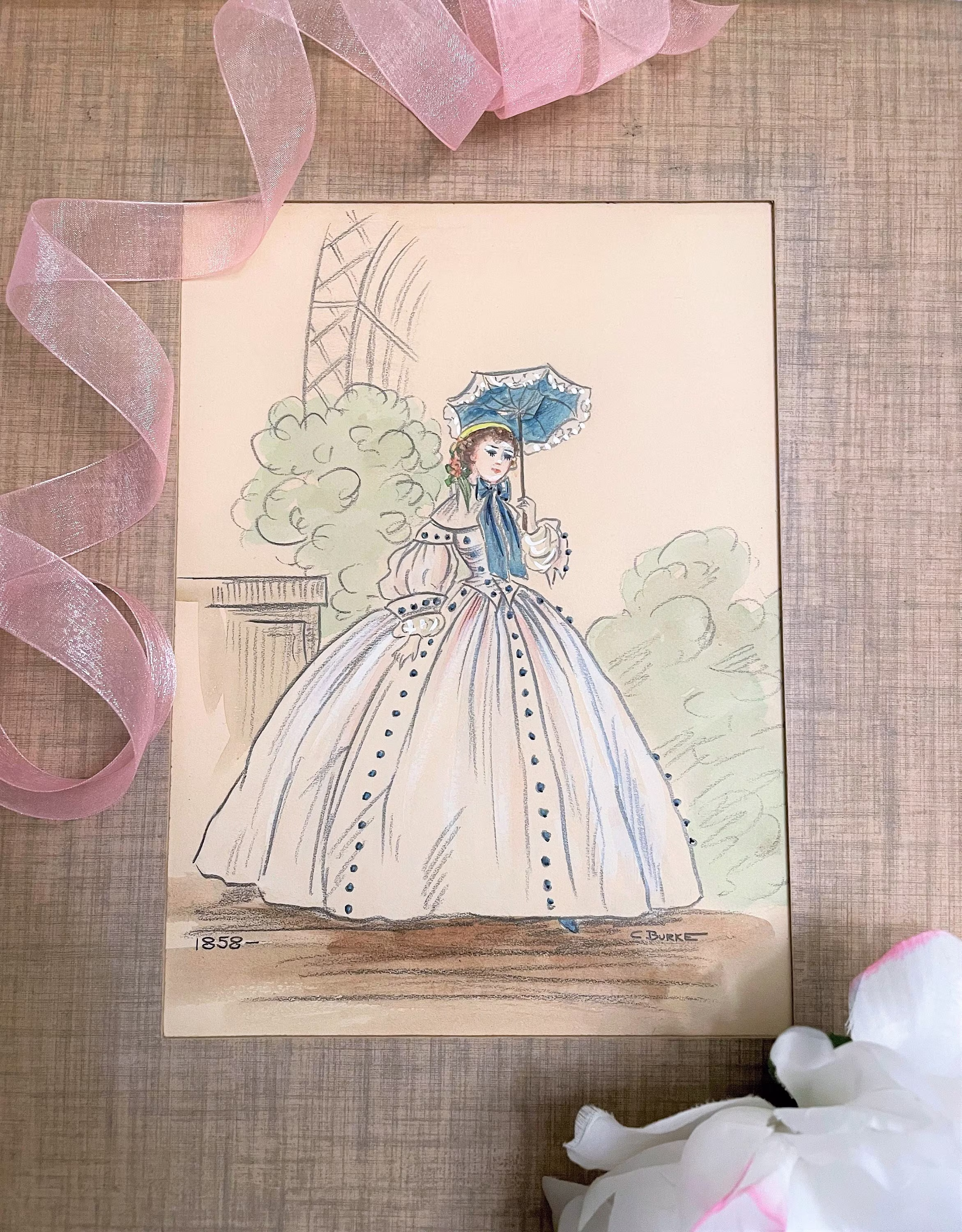 Pretty Vintage Watercolor Painting, Crinoline Lady in Hoop Skirt W Parasol, Mixed Media Pencil, Artist C Burke, Mid Century C 1950S
