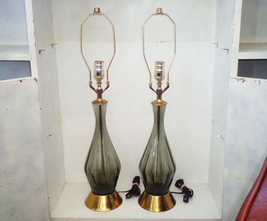Murano Italian Art Glass Table Lamps Set - Brass & Optic Grey Translucent Black Colored Glass, Vintage Mid Century