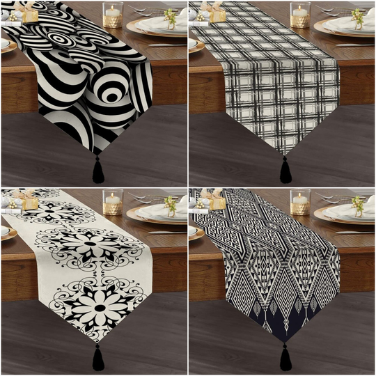 Black & White Geometric Table Runner|High Quality Triangle Dining Runner|Decorative Tabletop|Psychedelic Home Decor|Tasseled Runner