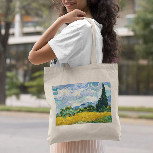Wheat Field With Cypresses Canvas Tote Bag, Vincent Van Gogh Fine Art Vintage Retro Aesthetic Tote, Reusable Shopping Bag Print