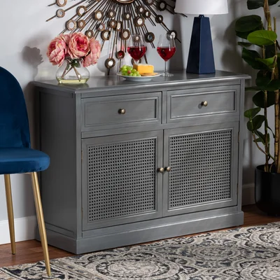 Rankine Modern And Contemporary Vintage Grey Finished Wood And Synthetic Rattan 2-Door Dining Room Sideboard Buffet