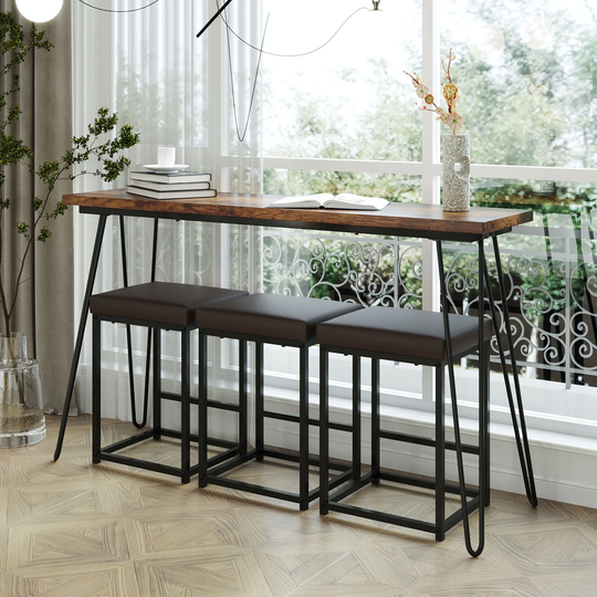 4 Pcs Counter Long Dining Table Set with 3 PU Stools Bar Kitchen Table Set Console Table,Rustic Brown Table+Black Stool