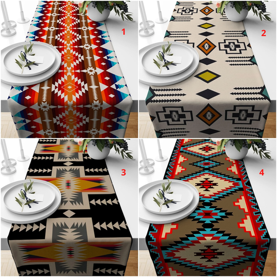 Southwestern Table Cover, Kilim Design Runner, Ethnic Print Top, Turkish Printing Aztec Collection Linen