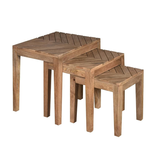 20, 17, 14 Inch 3 Piece Mango Wood Rectangular Nesting Table Set with Inlaid Herringbone Design, Nat