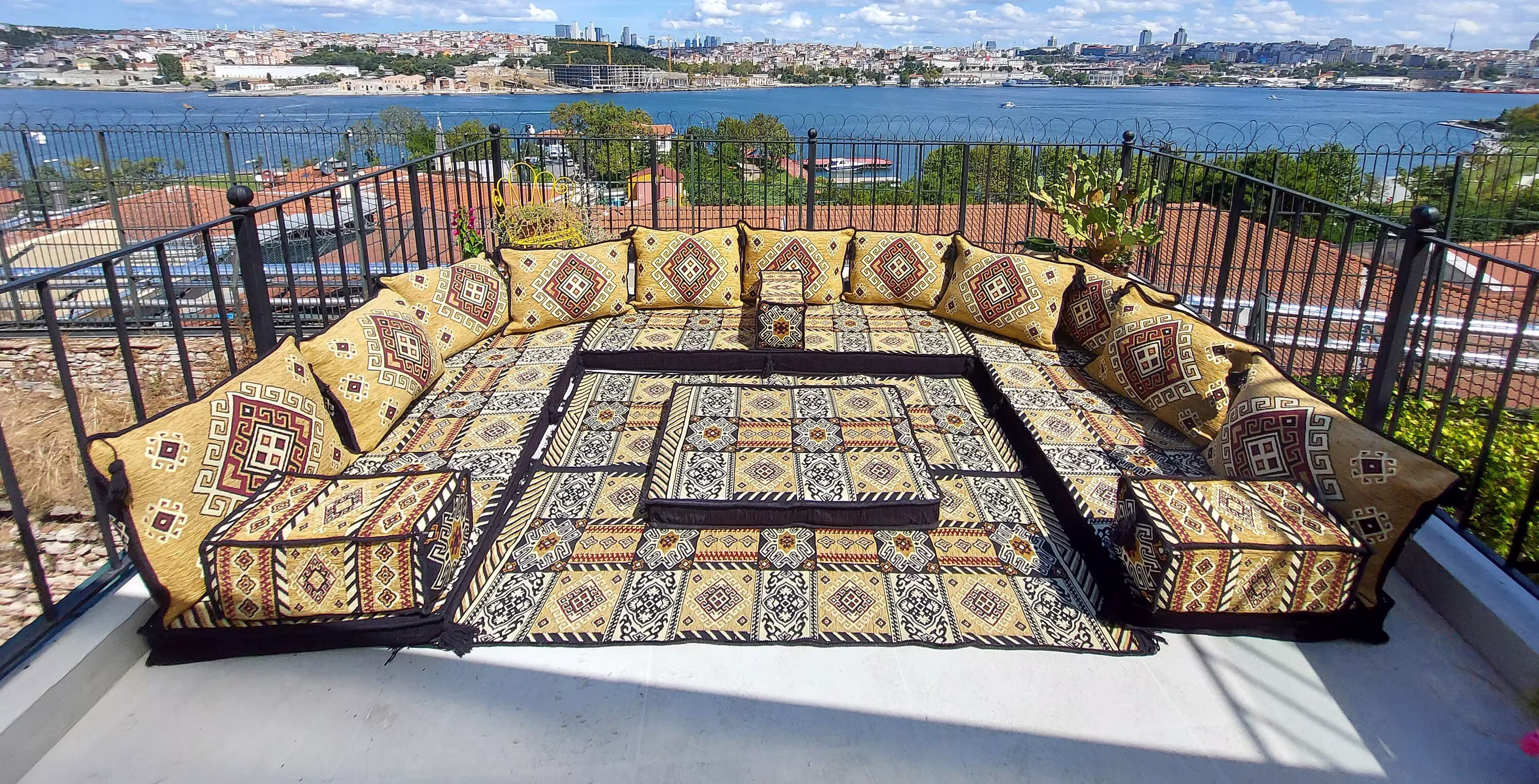Arabic Floor Sofa Set, Yellow Cushions, Balcony Patio Sofas, Pallet Sofa, Ethnic Moroccan Sectional Hookah Sofas
