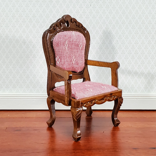 Dollhouse Miniature Arm Chair Padded Seat 112 Scale Walnut Finish Pink/Red Fabric