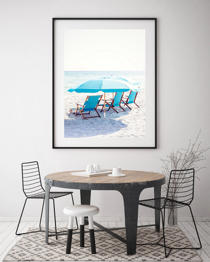 Beach Chairs Print, Florida Photography, Blue Coastal Wall Art, 30A Art, House Decor Art Umbrella Print