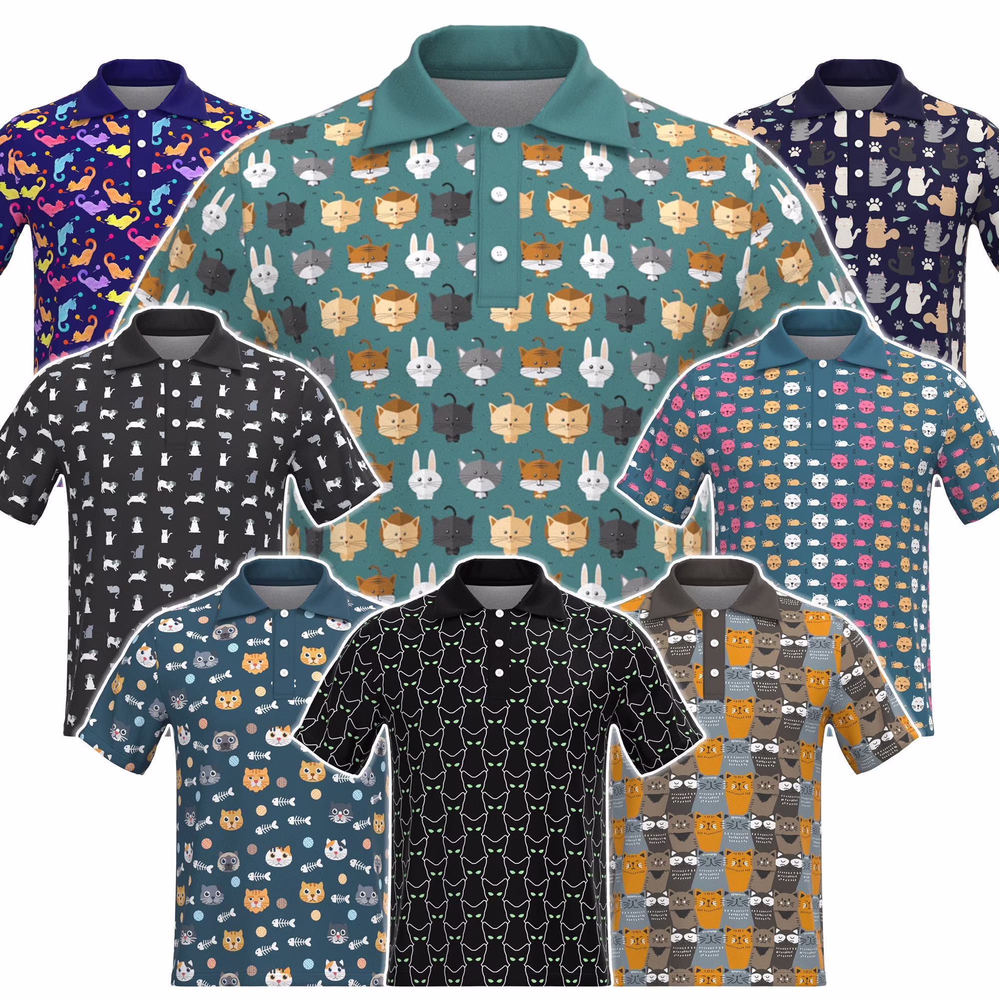 Cute Cats Pattern Pet Animal Theme Print Short Sleeve Collar Collared Polo Tee T-Shirt Shirt