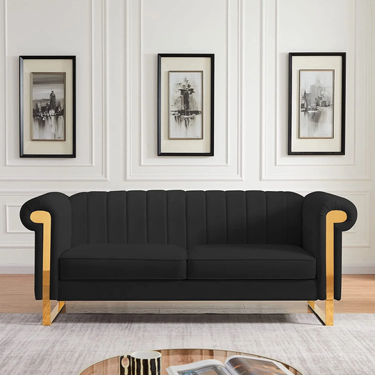 83" Modern Velvet Loveseat Sofa Couch, Velvet Upholstered Sofa Couch with Gold Stainless Steel Arm & Gold Metal Legs