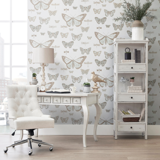 Beige Tufted Fabric Home Office Chair with Nailhead Trim