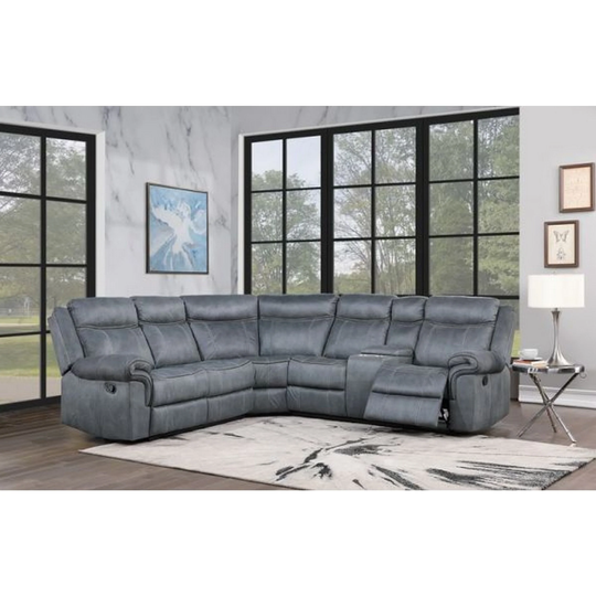 L Shaped Sectional Sofa with Flared Padded Arms and Console, Gray
