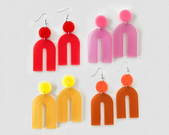 Colored Arch Earrings, Red Plastic Laser Cut Pink Orange Geometric Jewelry, Yellow Acrylic Lightweight Earrings