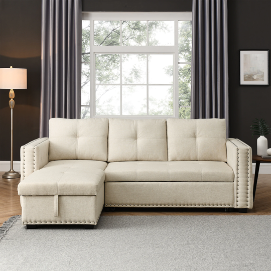 Sectional Sofa W/ Pulled Out Bed,2 Seat Sofa Storage Reversible Chaise