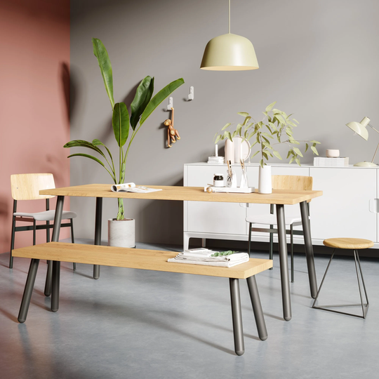 Dining Table, Solid Oak On Steel Legs, 4 & 6 Seater Options, Customisable, Ships Internationally