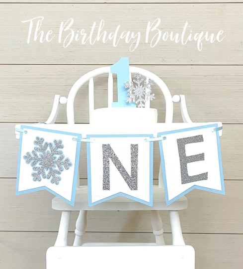 Winter Onederland High Chair Banner| Boy First Birthday One Party Decorations| Matching Snowflake Cake Topper & More