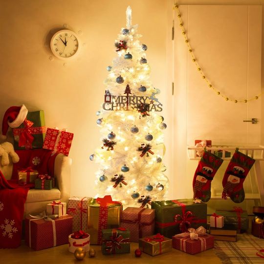 VEIKOUS 7.5 ft. White Pencil Artificial Christmas Tree with Clear LED Lights