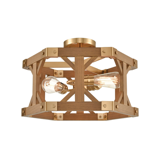 Structure 3-Light Semi Flush in Satin Brass and Medium Oak