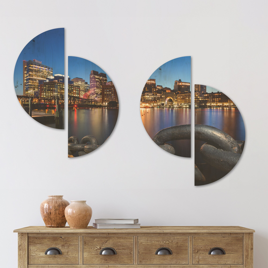 Designart 'Boston Skyline at Dusk' Cityscape Wood Wall Art Set of 4 Half Circles - Multi-Color