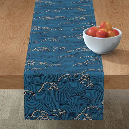 Indigo Waves Table Runner - By Ceciliamok Vintage Blue Asian Japanese Water Cotton Sateen Spoonflower