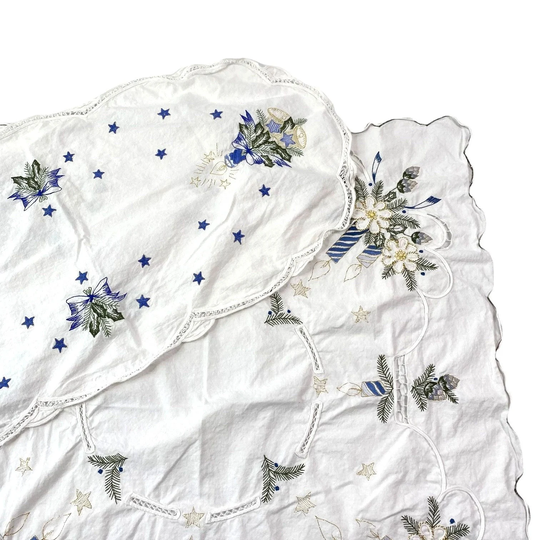 Vintage Embroidered Table Linens Set Of 2 Square & Oblong White Blue Gold