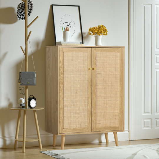Anmytek Rattan Natural Oak 2-Doors Accent Storage Cabinet Kitchen Buffet Sideboard Cabinet for Entryway With Adjustable Shelf