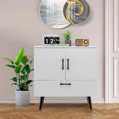 Mid Century Storage Cabinet Accent Buffet Sideboard Entryway Kitchen White