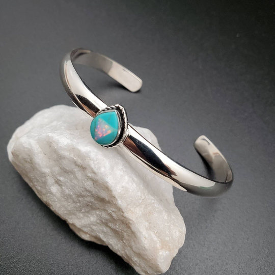 Socute925 Dainty Turquoise White Opal Inlay Cuff Bracelet | Southwest Sterling Silver Multicolor Made in Usa