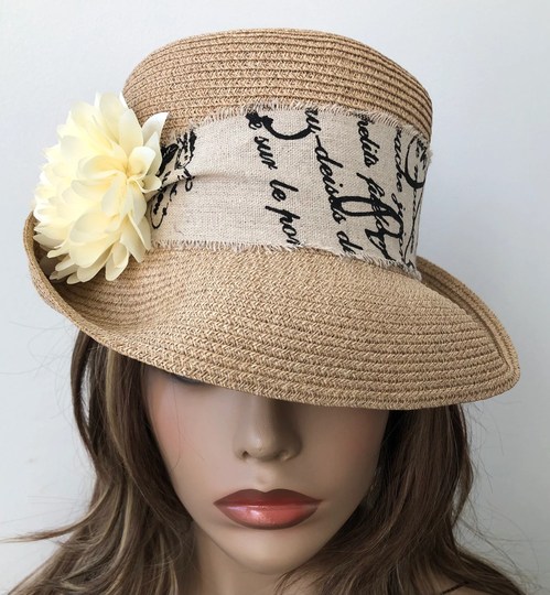 Summer Straw Hats For Women, Hat With Flower Embellishments, Vintage Style Sun Hat, Church 21.5" Up To 22" Ready Ship