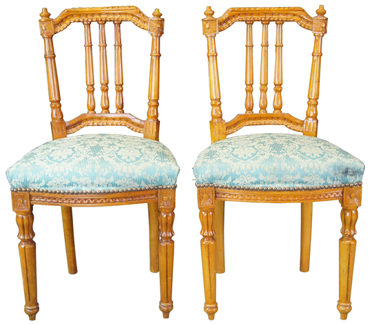 2 Antique French Louis Xvi Carved Birch Side Accent Chairs Brocade Seat