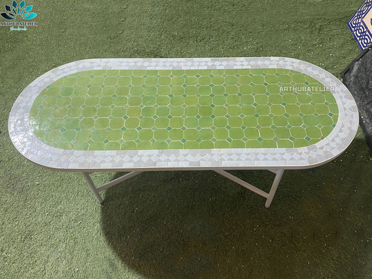 Moroccan Dining & Coffee Mosaic Table Green Blue, Oval Table, Outdoor-Indoor Large Table, 100% Handcrafted, Free Shipping