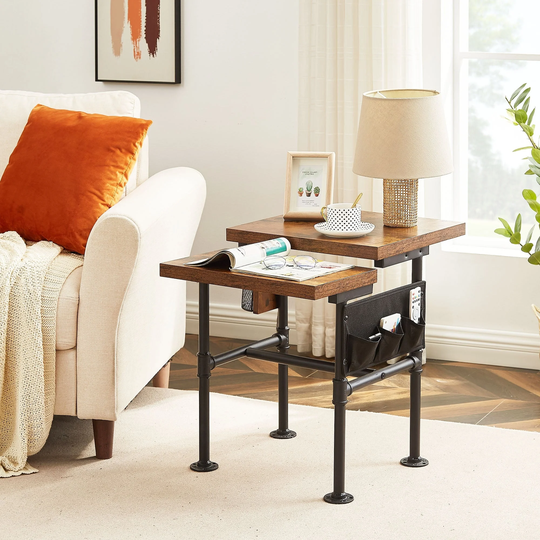 Snack End Table with Storage Fabric Bag and Bottle Opener, Wooden Sofa Side Table for Living Room
