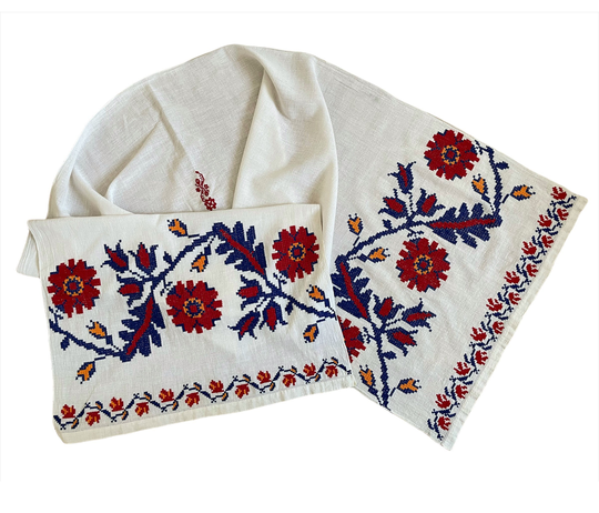 Vintage Hand Embroidered Towel, Table Runner With Red & Blue Flowers Cross Stitched Embroidery On Home Handmade Cotton Fabric