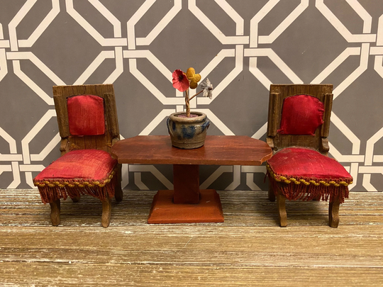 Antique German Chair Table Red Silk Fabric Dollhouse Miniature Set | 1800S Dolls House Wood Parlor Living Furniture W Flowers Rare Htf